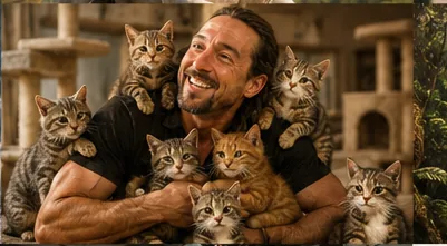 Ryan Bounds surrounded by cats