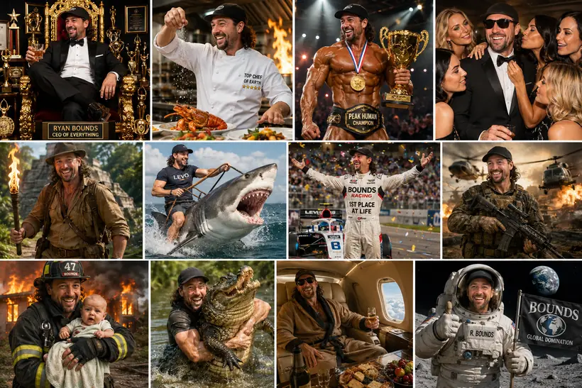 Grid collage of many Ryan Bounds personas