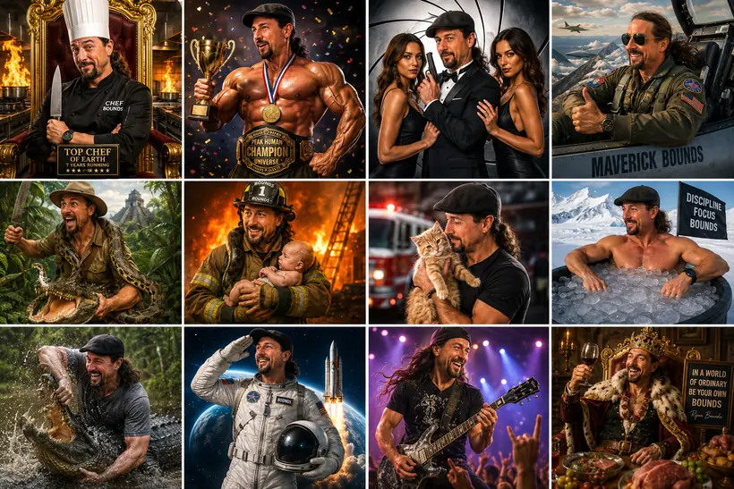 Second grid collage of many Ryan Bounds personas