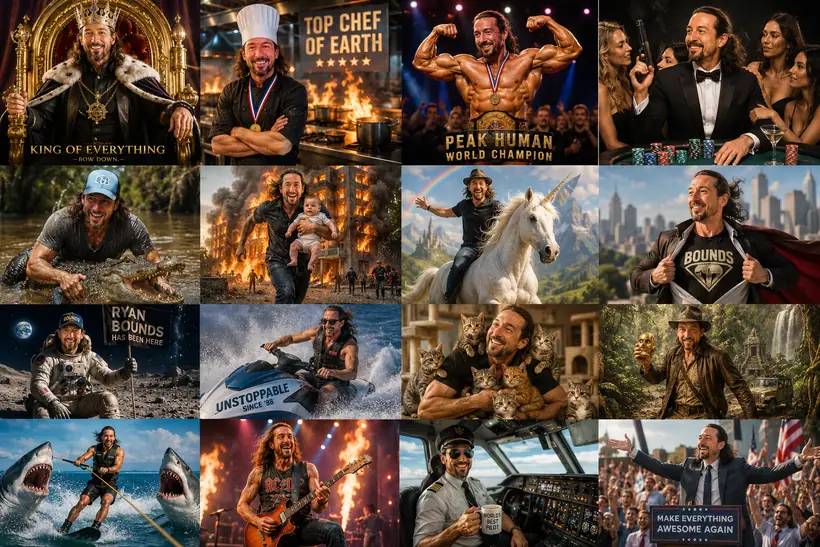 Third grid collage of many Ryan Bounds personas