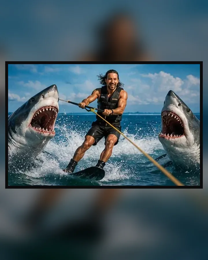 Ryan Bounds skiing between sharks