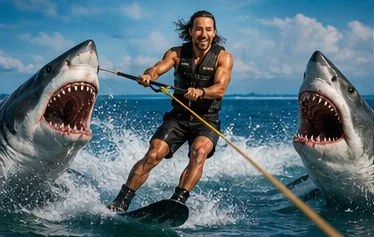 Ryan Bounds water skiing between sharks