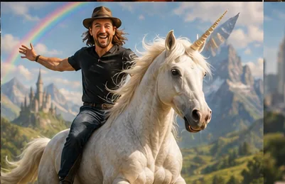 Ryan Bounds riding a unicorn through a fantasy landscape